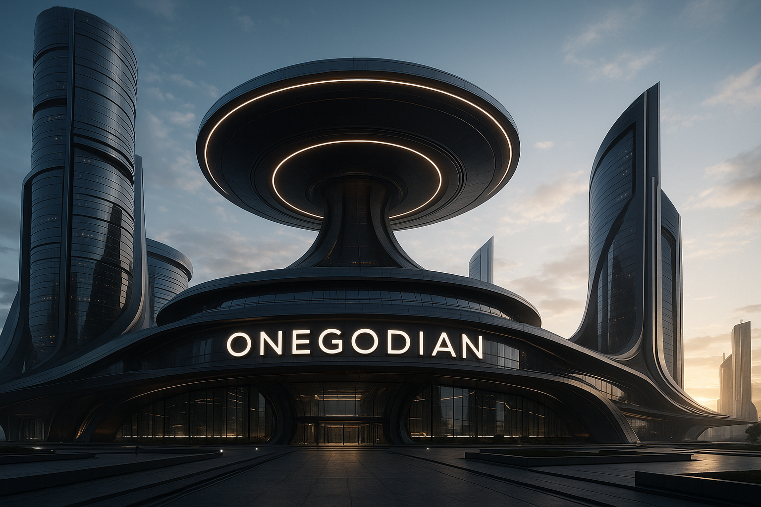Futuristic ONEGODIAN Headquarters at Dusk